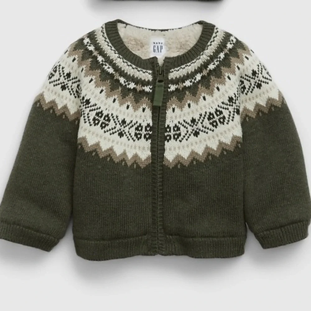 Baby Gap green and tan Sherpa-Lined Fair Isle Sweater size 3-6 months